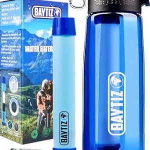 BAYTIZ ® Gourde Filtrante + Paille de Survie au Charbon Actif – Bouteille Filtre à Eau Nomade : Voyage Randonnée Trek Camping Kit Purificateur Réutilisable Plastique Sac Pluie Catastrophe