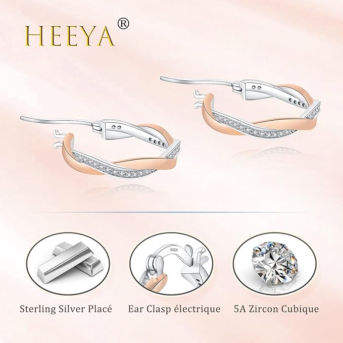HEEYA Boucles d’oreilles Argent 925 Femme Hypoallergénique Créoles Plaqué or 18 Carats Avec 5A Zircon Cubique Rose dorée 20mm – Image 4
