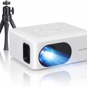 WOLFANG Mini Projecteur avec Trépied, Videoprojecteur 1080P Full HD, WP02 Retroprojecteur Portable, 200 Pouces, Zoom 25%, Video Projecteur Compatible avec iOS/Android/Tablet/PC/TV Stick/USB/Carte TF