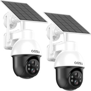 AOSU 3K Caméra Surveillance WiFi Exterieure sans Fil, 5MP Camera Exterieur Solaire, 360° PTZ Suivi Automatique Détection IA Personne/Véhicule, Vision Nocturne Couleurs Alarme Lumineuse/Sonore 2 Pièce