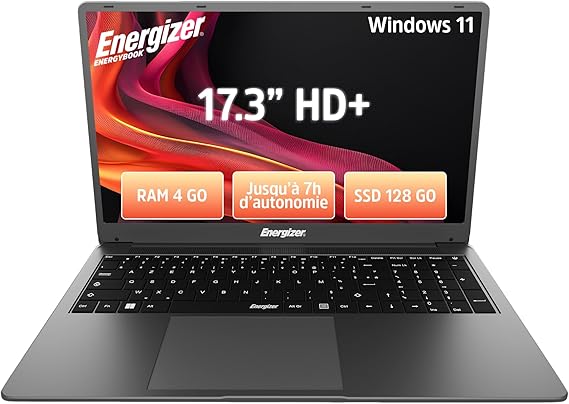 Energizer EnergyBook 17 – PC Portable 17,3" HD+, Intel Celeron, 4 Go RAM, SSD 128 Go, Windows 11, Clavier AZERTY – USB 3.0, HDMI – Ordinateur Laptop Gris Grande Autonomie