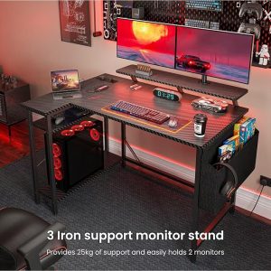 Bureau de jeu en forme de L avec lumières LED et prises de courant, table d’ordinateur d’angle 120 x 80 cm avec sac de rangement, étagères réglables et grand support pour moniteur