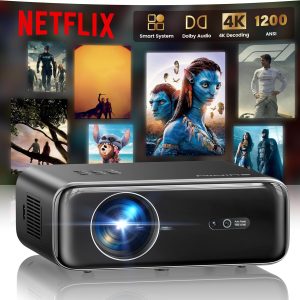 Vidéoprojecteur 4K【Netflix Officiel/Dolby】 1200 ANSI Projecteur Vidéo 4K Auto Focus/Keystone WiFi Bluetooth FHD 1080P, WiMiUS Smart Rétroprojecteur Portable WiFi6 Extérieur Zoom50% Cadeau/Home Cinéma