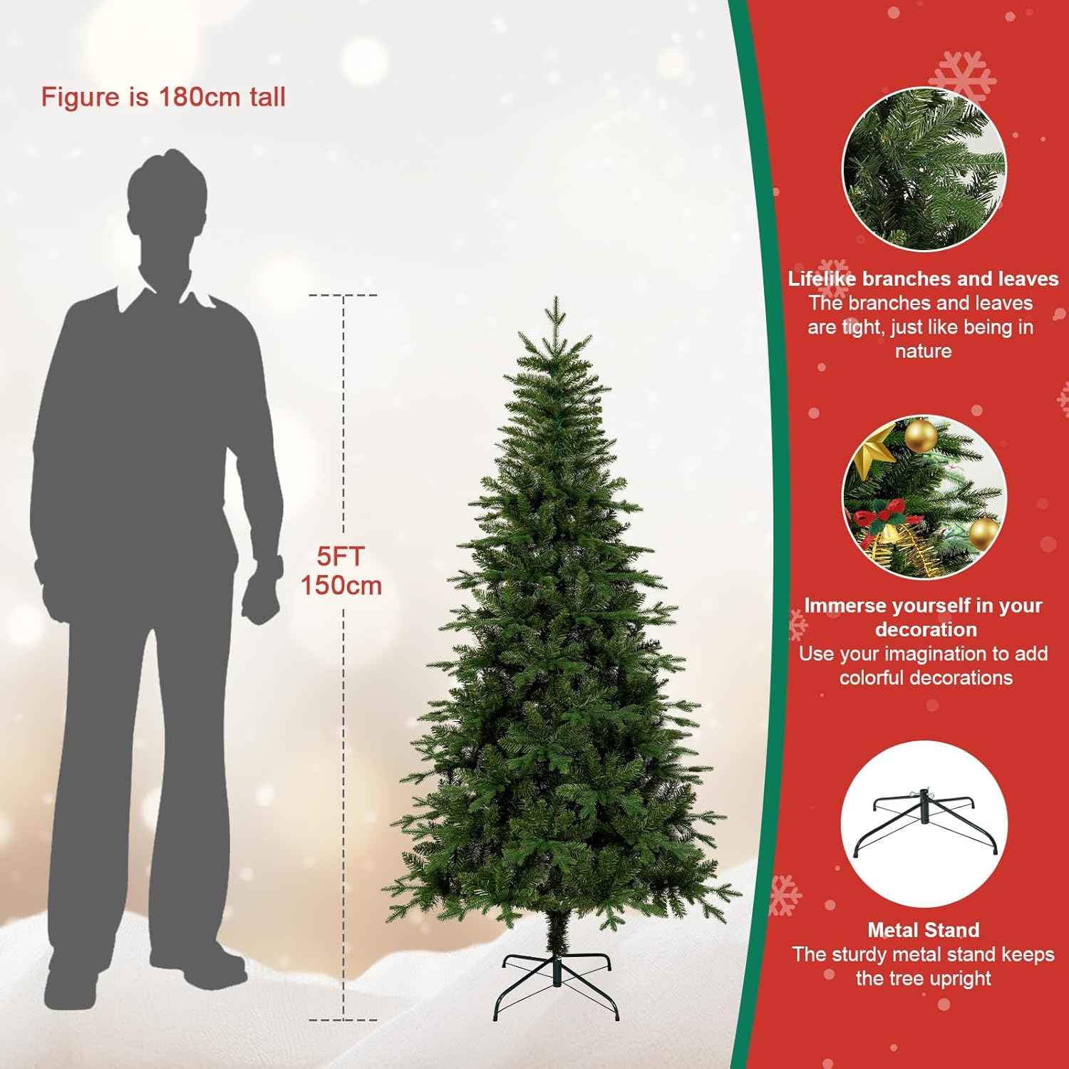 Uten Sapin de Noël Artificiel 150 cm, Réaliste PE Arbre Noël Décoration Intérieur, 386 Aspect Naturel Branches en PVC & PE, Branches de Charnière, 2 Styles, Base en Métal, Réutilisable – Image 6