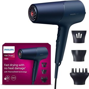Philips 5000 Series – sèche-cheveux, technologie ThermoShield, ionique, 2 300 W, bleu métallique, avec concentrateur de 9 mm et 11 mm, diffuseur de volume, BHD510/20