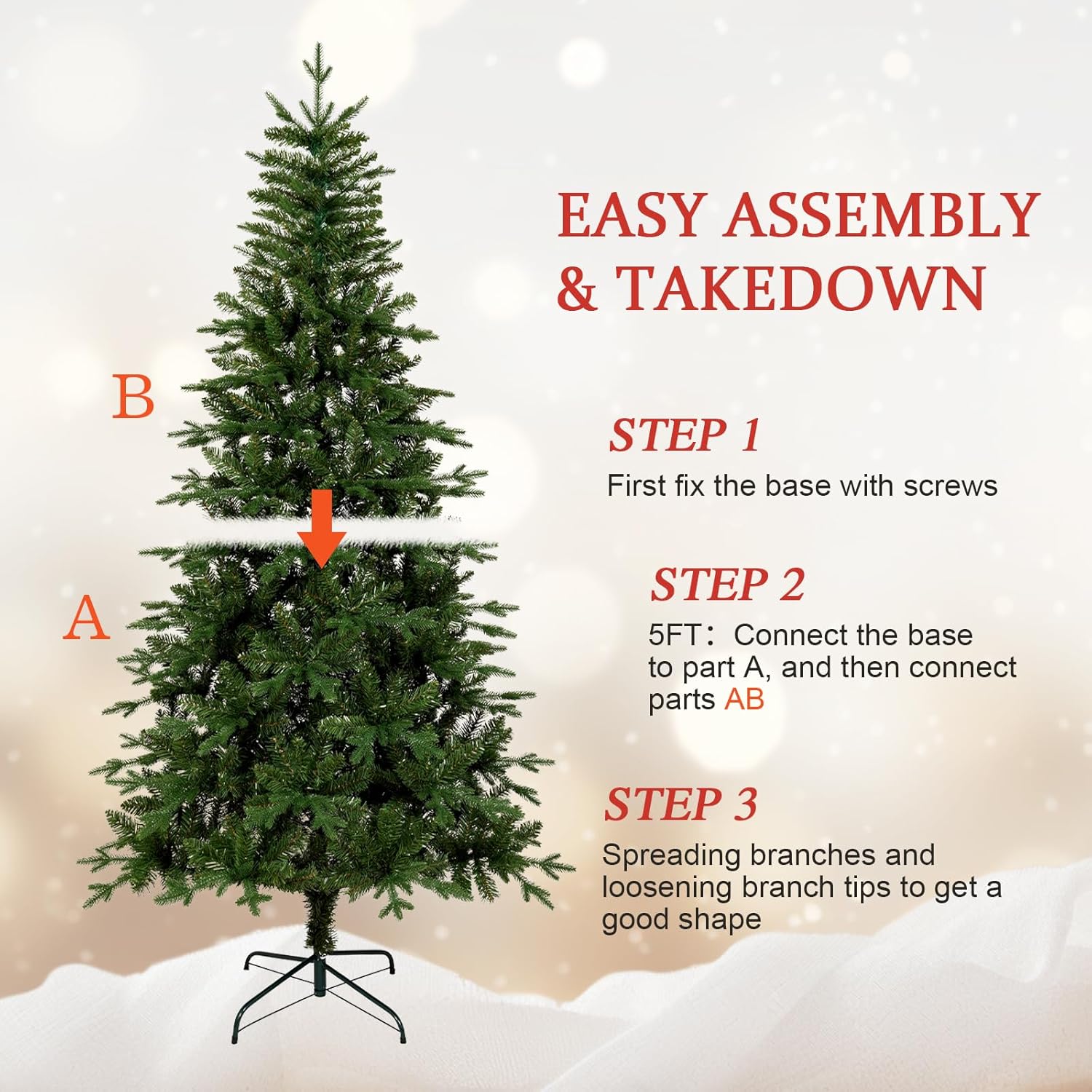 Uten Sapin de Noël Artificiel 150 cm, Réaliste PE Arbre Noël Décoration Intérieur, 386 Aspect Naturel Branches en PVC & PE, Branches de Charnière, 2 Styles, Base en Métal, Réutilisable – Image 5