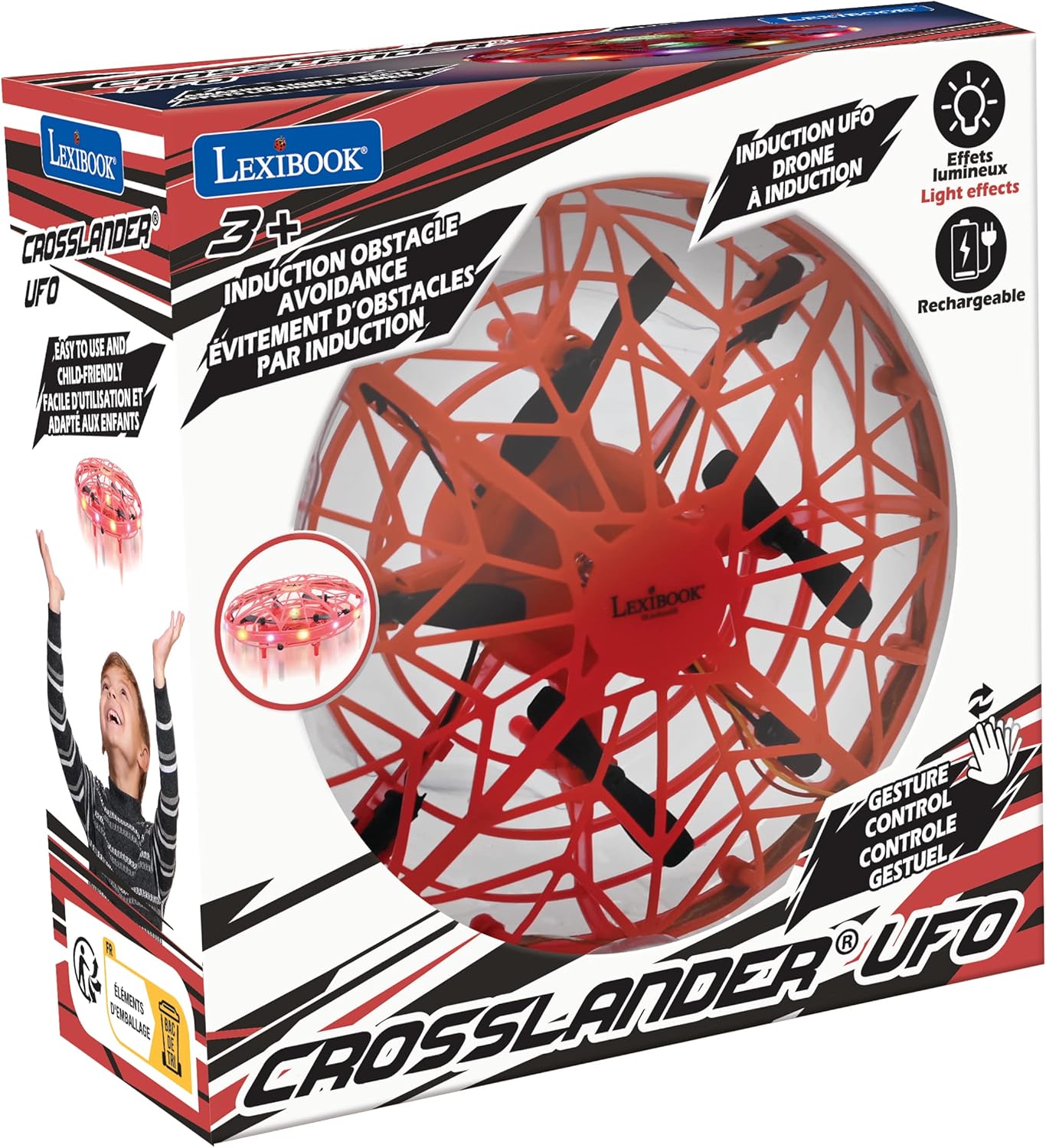 Lexibook, Crosslander® UFO, Premier Drone Lumineux Rechargeable avec contrôle gestuel, jusqu'à 5km/h, capteur de Mouvement, Maintien de l'altitude, Effets Lumineux, Rouge, UFO01 – Image 3