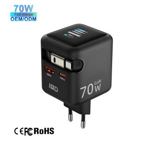 Chargeur GaN 70W avec écran TFT et câble rétractable – IBD/ Chargeur mural à câble rétractable 2 en 1 de 70W