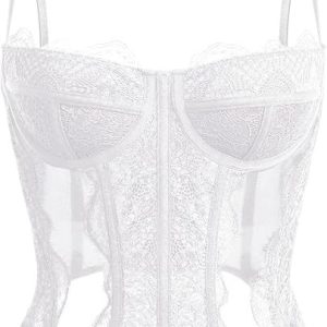 Dealmore Corset pour femme en dentelle et maille avec bretelles spaghetti, haut pour rendez-vous, fête, club, soirée
