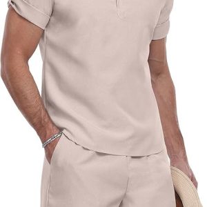 AIYINO Ensemble 2 pièces pour homme – Tenue de vacances d&rsquo;été avec boutons et manches courtes – Chemises Henley et shorts de plage décontractés