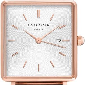 Rosefield Femme Montre The Boxy: Or Rose 26 * 28mm Boîtier Carré with Cadran Blanc and Bracelet Rose – QWPR-Q11