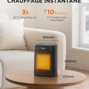 Midea Radiateur Soufflant En Céramique PTC 2000W Avec 4 Modes, Chauffage Portable, Silencieux Et Puissant, Protection Contre La Surchauffe, 5-35°C Réglable, Minuterie 1-24H, Mode Éco