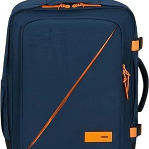 American Tourister Take2Cabin – Sac de cabine easyJet 36 x 20 x 45 cm, 38 L, 0,70 kg, bagage à main, sac à dos d&rsquo;avion M, sous-siège, bleu/orange (bleu marine foncé/orange éclatant)