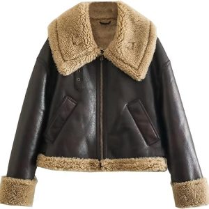 Veste en Cuir pour Femme avec Fourrure, Veste en Fourrure en Cuir à la Mode Manteau Court à Revers Chaud d&rsquo;hiver avec Fermeture Glissière, pour Femmes et Filles – avec