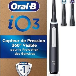 Oral-B Brosse A Dents Electrique iO 3 Noire, 3 Modes De Nettoyage Dont Blancheur, Brossage Silencieux, Capteur De Pression, 3 Brossettes De Rechange Oral B, Embouts Ronds, Chargeur, En Carton