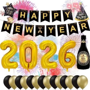 XXL Décoration Nouvel An 2026 Set – Happy New Year – avec ballons, ballons chiffres en aluminium, accessoires photo, guirlande comme décoration pour le réveillon (Set Décoration 02)