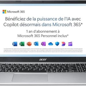 Acer Aspire 1 A115-32-C3AK Ordinateur Portable 15,6 » Full HD (Intel Celeron N4500, RAM 4 Go, 128 Go eMMC, Intel UHD Graphics, Windows 11), Clavier AZERTY, Gris, Microsoft 365 Personnel 12 Mois Inclus