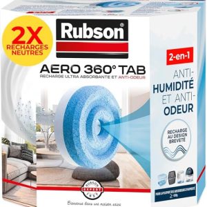 Rubson AERO 360° Recharges en tabs neutres pour absorbeur d&rsquo;humidité, recharges pour déshumidificateurs AERO 360° ultra absorbantes et anti odeurs, 2 x 450 g